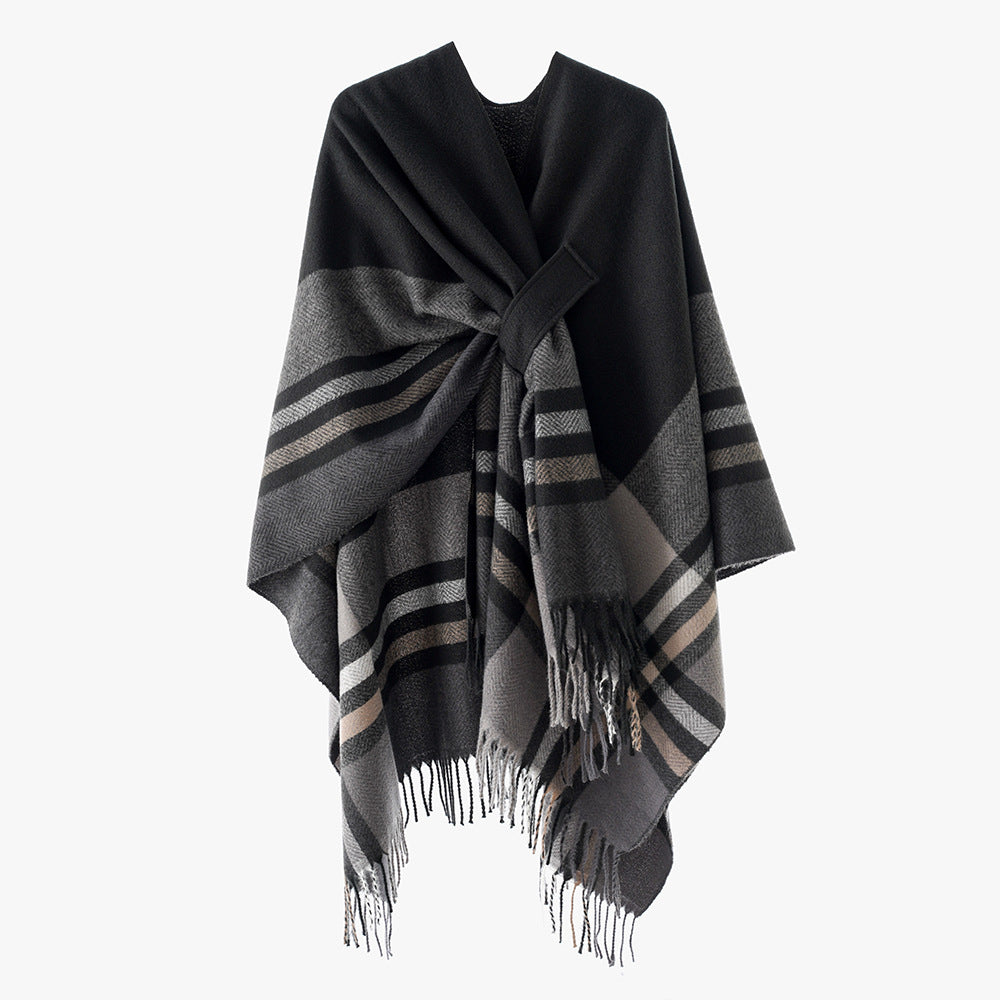 Damen Cape-Umhang aus Wollmix mit Bindegürtel und Karodessin Shop Nory