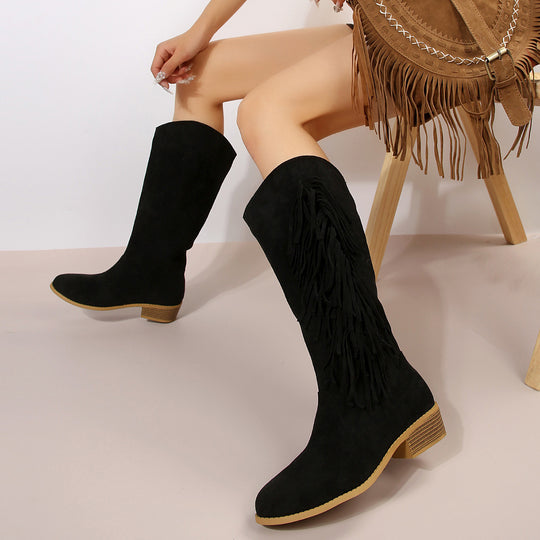 Damen knielange Wildlederimitat-Stiefel mit langen Fransen, mittlerem Blockabsatz und gepolstertem Komfortfußbett Shop Nory