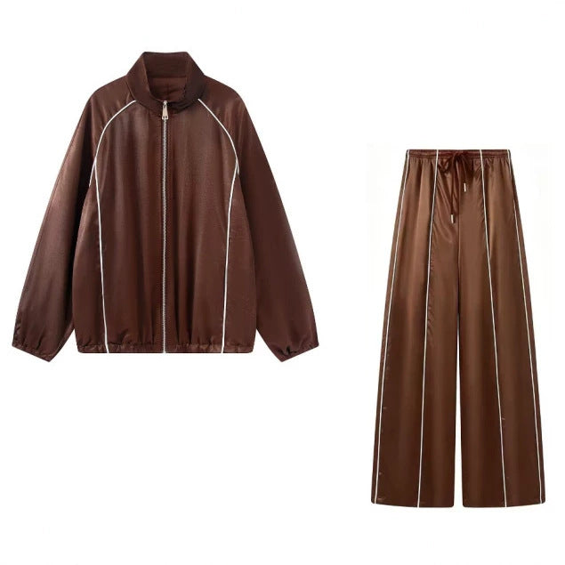 Damen Zweiteiliges Satin-Trainingsset mit Reißverschlussjacke und weitem Trackpant Shop Nory