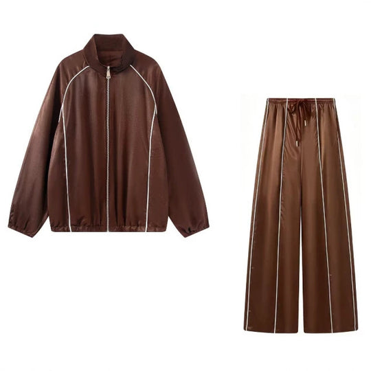 Damen Zweiteiliges Satin-Trainingsset mit Reißverschlussjacke und weitem Trackpant Shop Nory