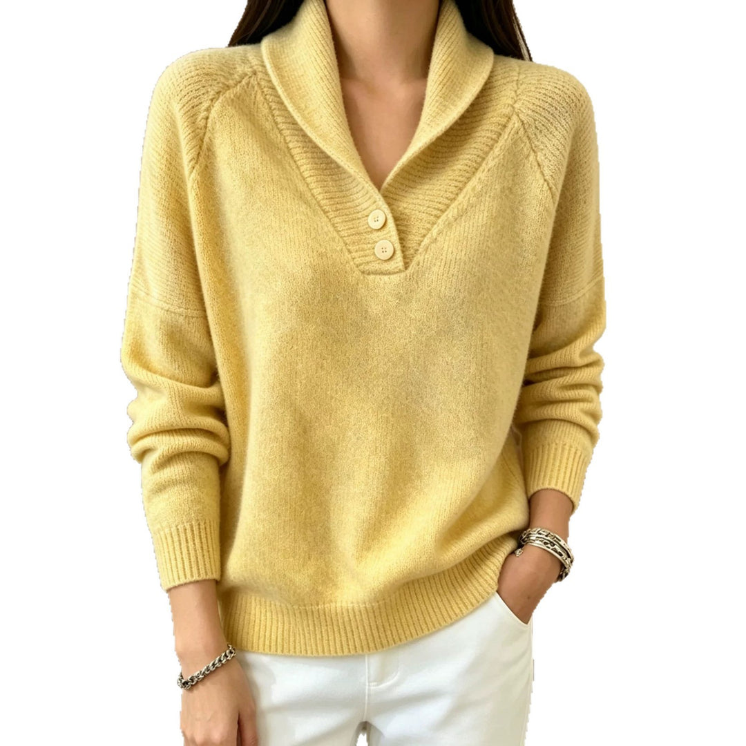 Damen Weicher Schalkragen‑Pullover mit halber Knopfleiste und Raglanärmeln Shop Nory