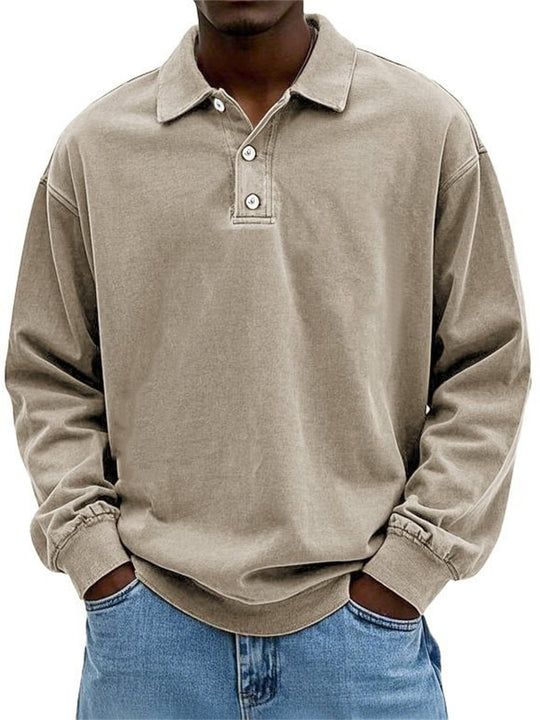 Herren Oversize Denim-Look Polo-Sweatshirt mit kurzer Knopfleiste und elastischen Bündchen EB