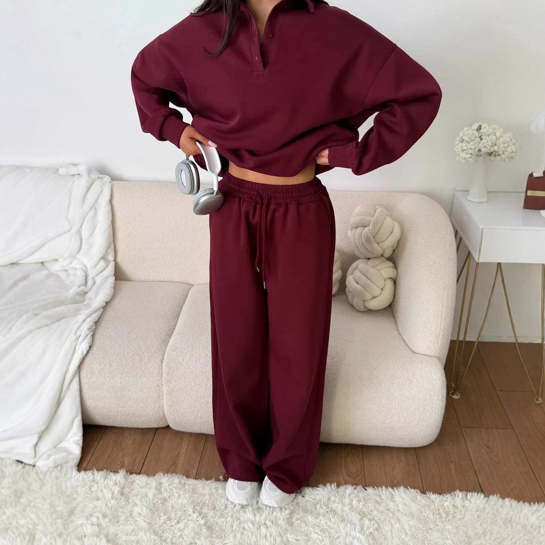 Damen weites Polo-Lounge-Set mit elastischem Tunnelzugbund und Wide‑Leg-Jogginghose Shop Nory