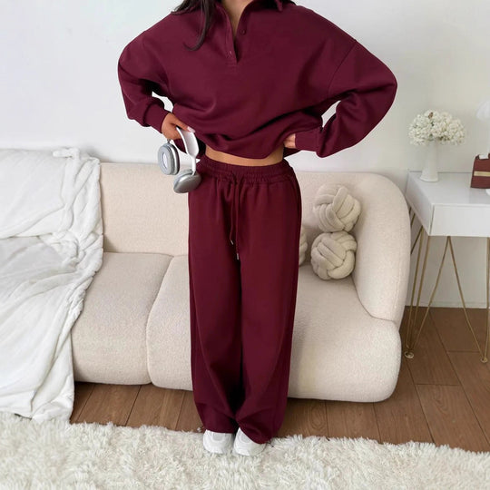 Damen weites Polo-Lounge-Set mit elastischem Tunnelzugbund und Wide‑Leg-Jogginghose Shop Nory