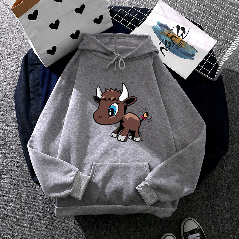 Damen nan Kapuzenpullover mit charmantem Stier-Karikaturprint, Kängurutasche und entspanntem Oversize-Schnitt Shop Nory