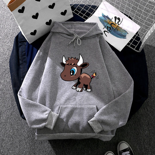 Damen nan Kapuzenpullover mit charmantem Stier-Karikaturprint, Kängurutasche und entspanntem Oversize-Schnitt Shop Nory