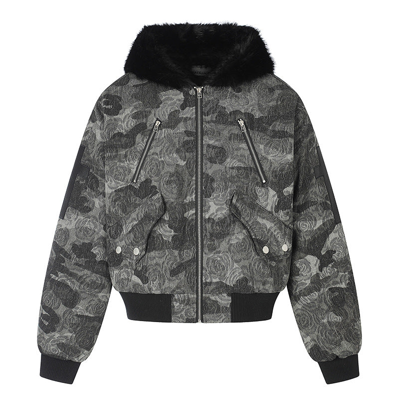 Damen wattierte Bomberjacke mit Kunstfellkapuze, Rosen‑Jacquard und Zipper‑Details Shop Nory