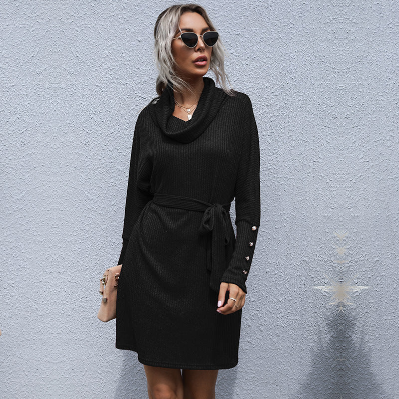 Damen Strickkleid mit weitem Rollkragen, Bindegürtel und Oversize-Ärmeln Shop Nory