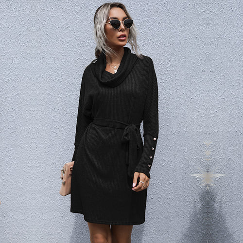 Damen Strickkleid mit weitem Rollkragen, Bindegürtel und Oversize-Ärmeln Shop Nory
