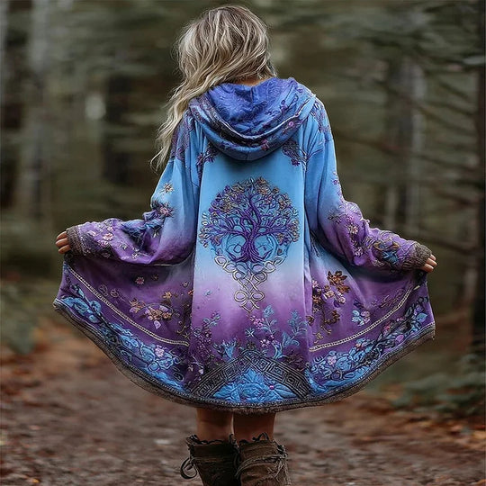 Damen Boho Kapuzenmantel im Schwung-Schnitt mit Baum-Motiv und Farbverlauf Shop Nory