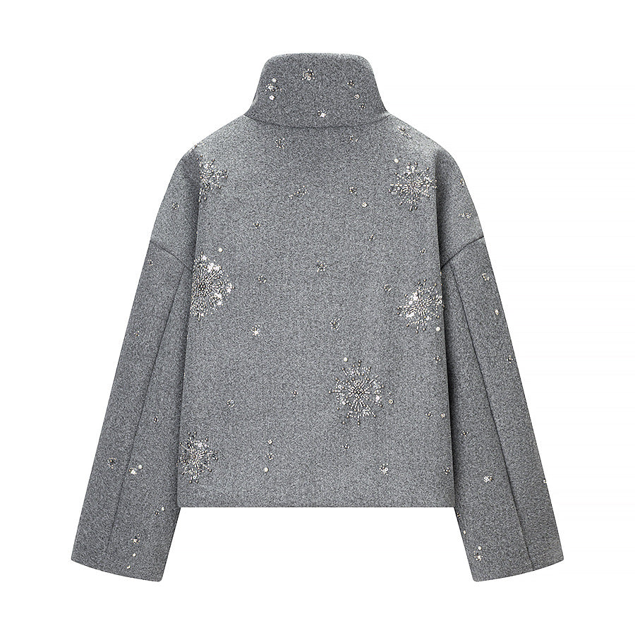 Damen Kurz geschnittener Wollmix‑Mantel mit Stehkragen und Perlen‑Pailletten‑Stickerei Shop Nory