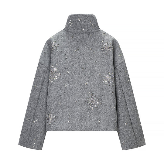 Damen Kurz geschnittener Wollmix‑Mantel mit Stehkragen und Perlen‑Pailletten‑Stickerei Shop Nory