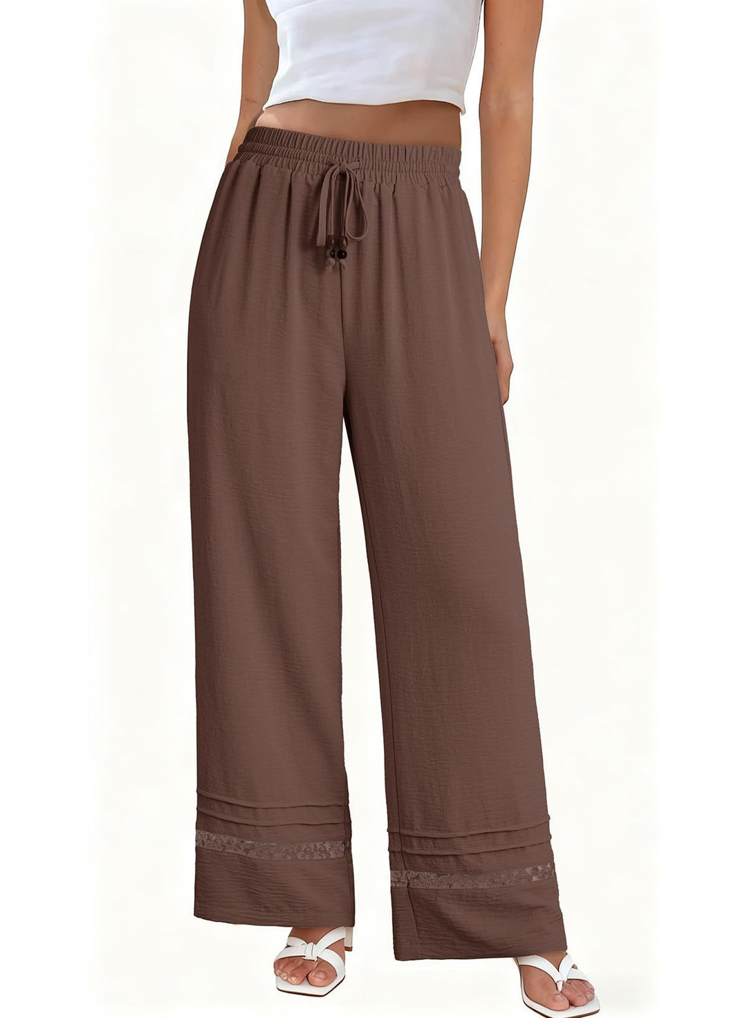 Damen Weite Leinenoptik-Hose mit hohem Gummibund, Bindekordel und Spitzeneinsatz Shop Nory