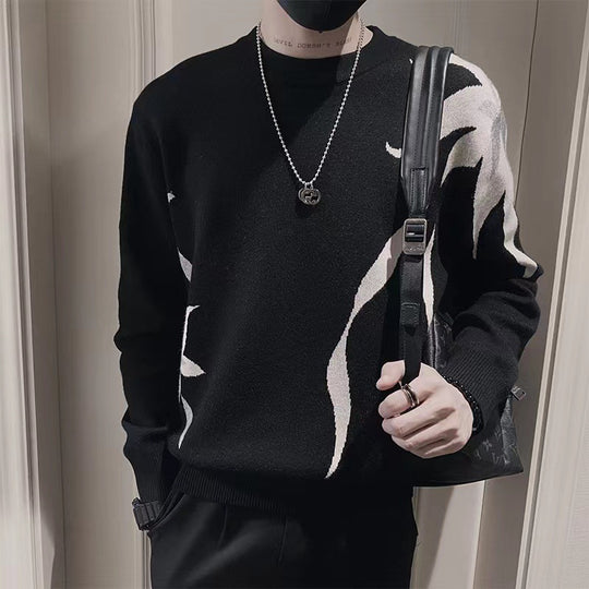Herren Strickpullover mit abstraktem Flammen‑Jacquard und Rundhalsausschnitt Shop Nory