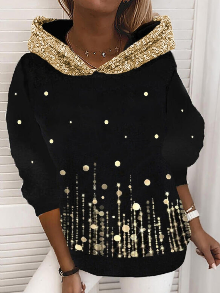 Damen Halloween Kapuzenpullover mit Kürbis- und Katzenprint, Paillettenbesatz und Oversize-Schnitt Shop Nory