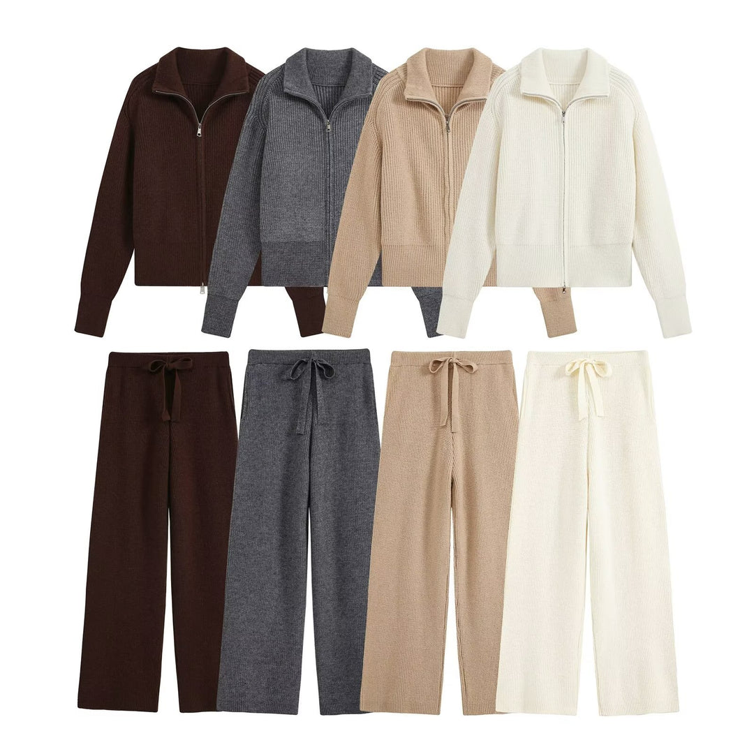 Damen Zweiteiliges Strickset mit Reißverschluss-Cardigan, Stehkragen und weitem Bein Shop Nory