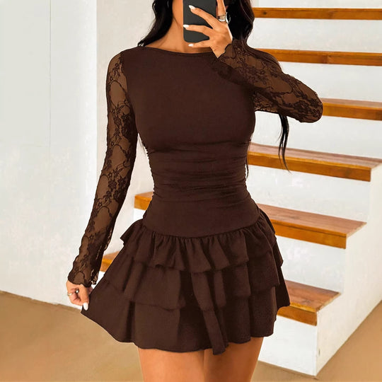 Damen Minikleid mit transparenten Spitzenärmeln, Raffung und Stufenvolants Shop Nory