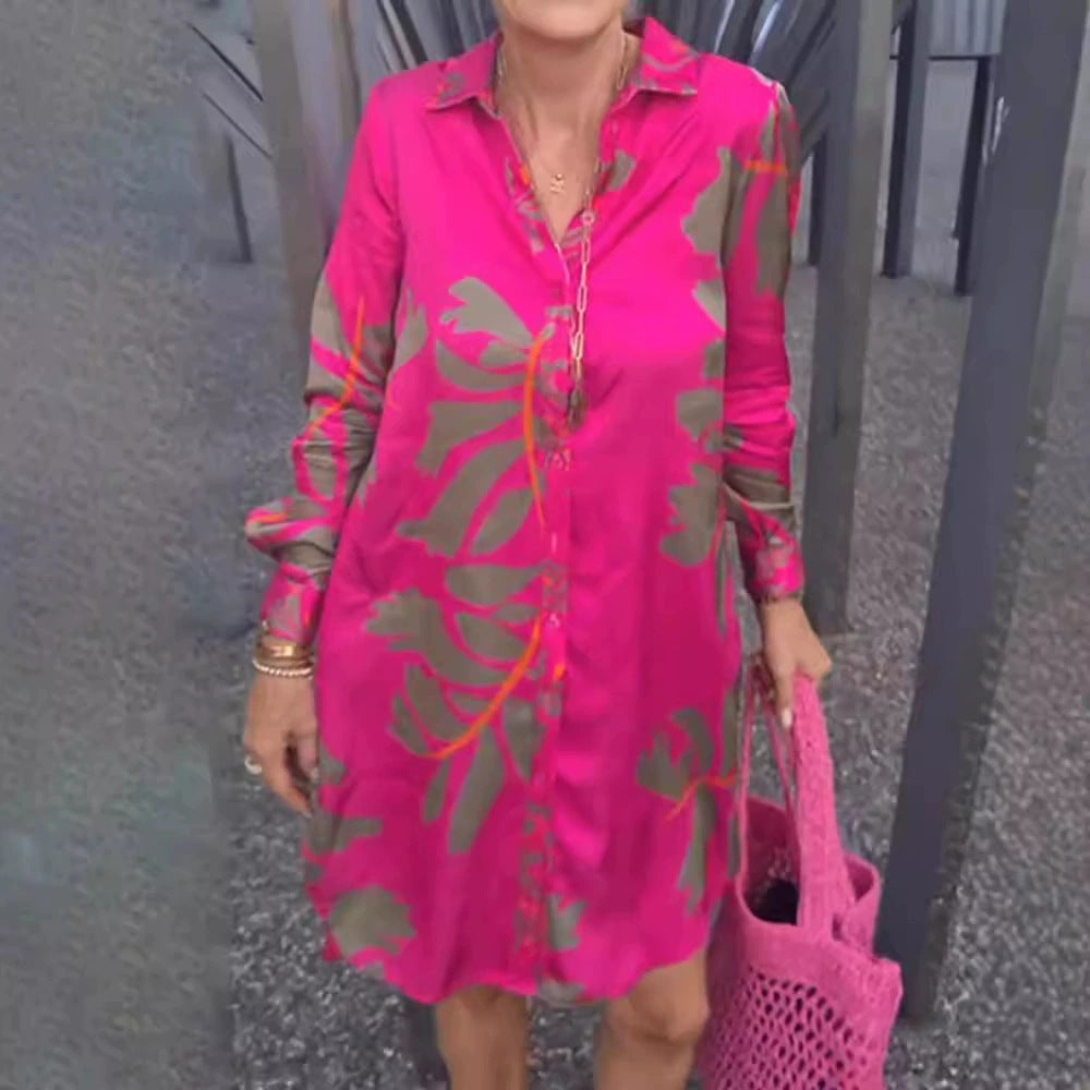 Damen nan kurzes Tunika-Hemdkleid in Satinoptik mit großflächigem Blattprint, Hemdkragen und lockerer A-Linie Shopnory