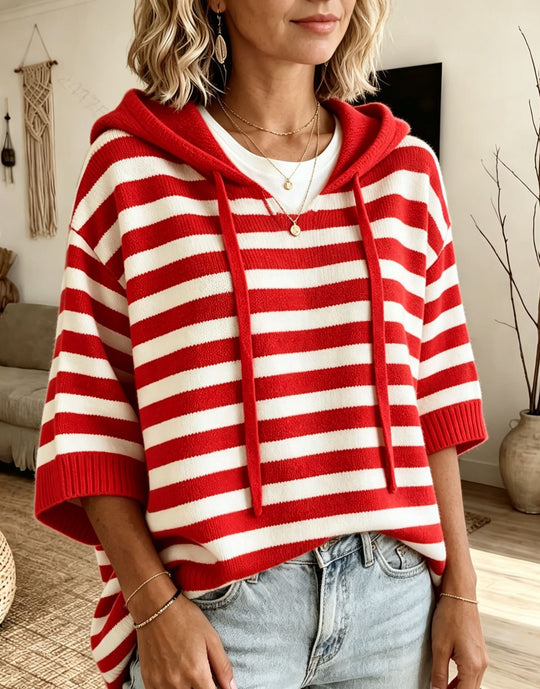 Damen Lässiger gestreifter Kapuzen-Poncho aus weichem Feinstrick mit halblangen Ärmeln Shop Nory