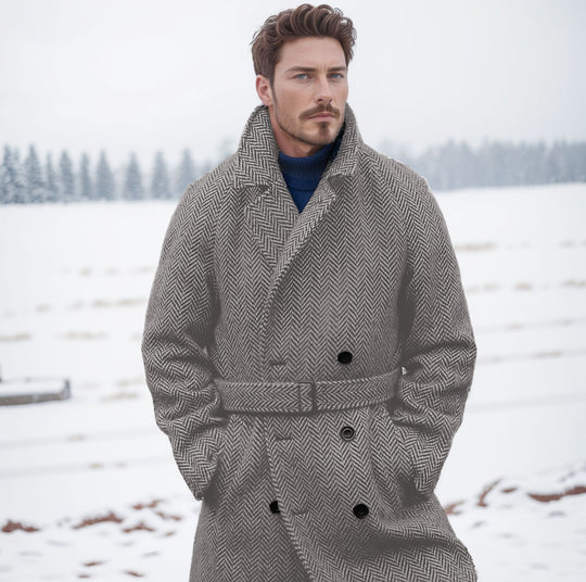 Herren Doppelreihiger Wollmix-Mantel mit Fischgrätstruktur und Taillengürtel Shop Nory