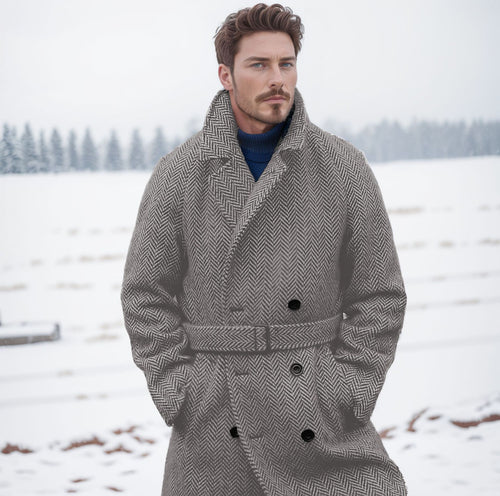 Herren Doppelreihiger Wollmix-Mantel mit Fischgrätstruktur und Taillengürtel Shop Nory