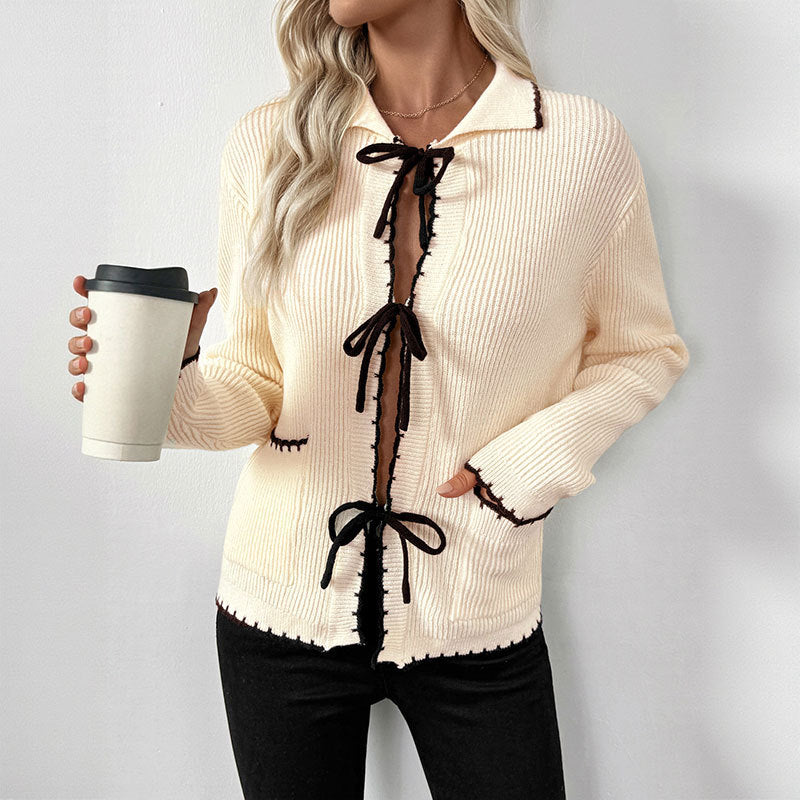 Damen Feinstrick-Cardigan mit dekorativem Bändchenverschluss und Kontrastkanten Shop Nory