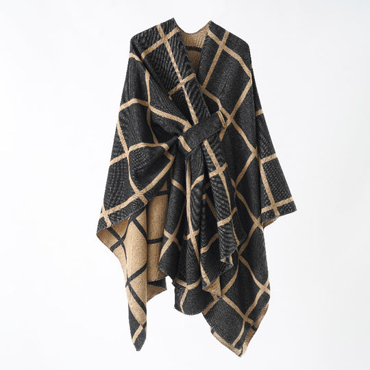 Damen Oversize Poncho aus Feinstrick mit Taillengürtel und Karomuster Shop Nory