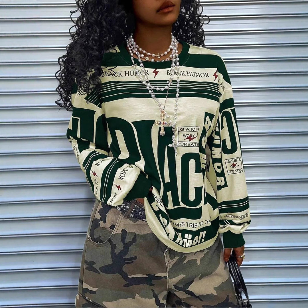 Damen Oversize‑Longsleeve Sweatshirt mit Allover‑Grafik, Rundhalsausschnitt und gerippten Bündchen Shop Nory
