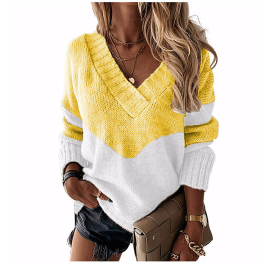 Damen V‑Ausschnitt Strickpullover mit Leo‑Print und Colorblock‑Design Shop Nory