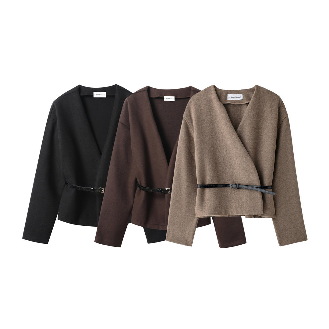 Damen Kurz-Wickelmantel aus Wollmix mit tiefem Schalkragen und schmalem Taillengürtel Shop Nory