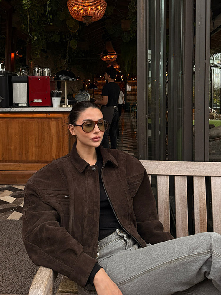 Damen Kurzer Veloursleder-Bomber mit elastischer Taillierung und überschnittener Schulter Shop Nory