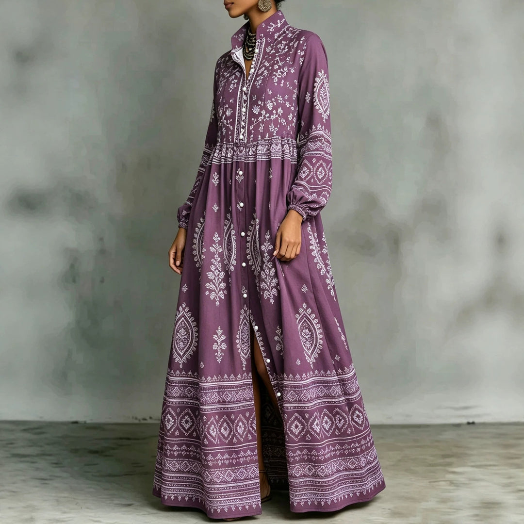 Damen Boho-Maxi-Hemdkleid mit Stickbordüren, hoher Stehkragen und Taschen Shop Nory