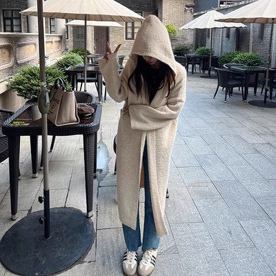 Damen Langer Teddy-Fleece-Mantel mit Kapuze, überschnittener Schulter und weich fallender A-Linie Shop Nory