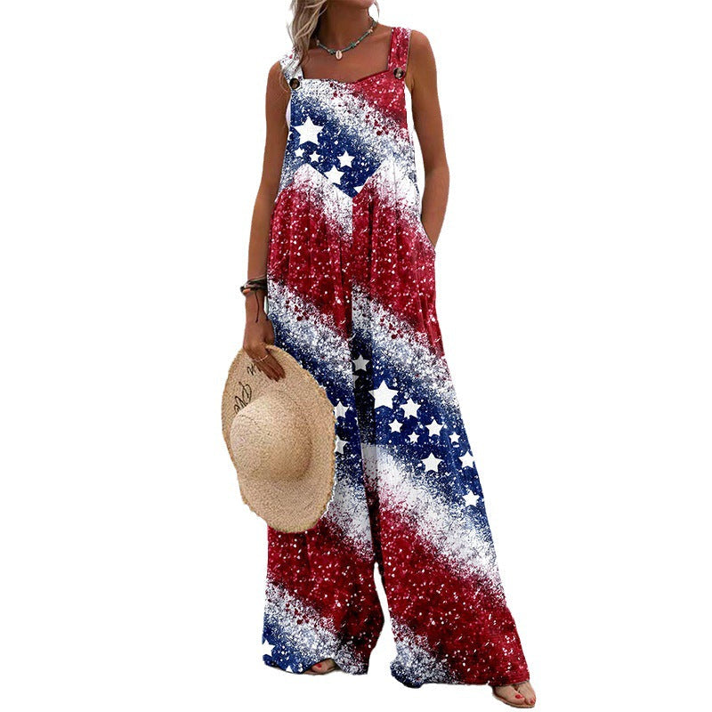 Damen Weit geschnittene Latzhose mit floralem Muster und praktischen Taschen Shopnory