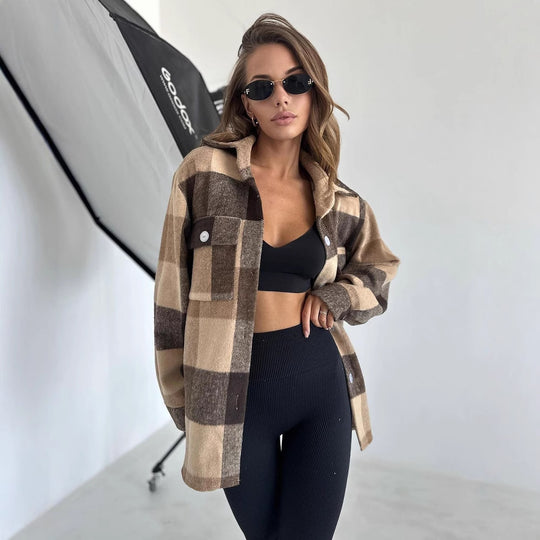 Damen Karierter Overshirt im Shacket-Stil mit Saumtaschen und Knopfverschluss Shop Nory