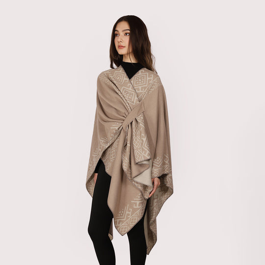 Damen Reversibler Wollmix-Cape mit Bindeschlaufe und feinem Jacquardmuster Shop Nory