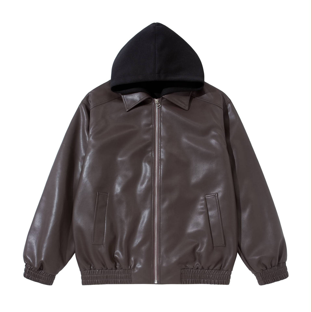 Herren Boxy-Lederblouson mit angenähter Jersey-Kapuze und geripptem Saum Shop Nory