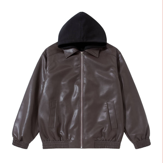Herren Boxy-Lederblouson mit angenähter Jersey-Kapuze und geripptem Saum Shop Nory