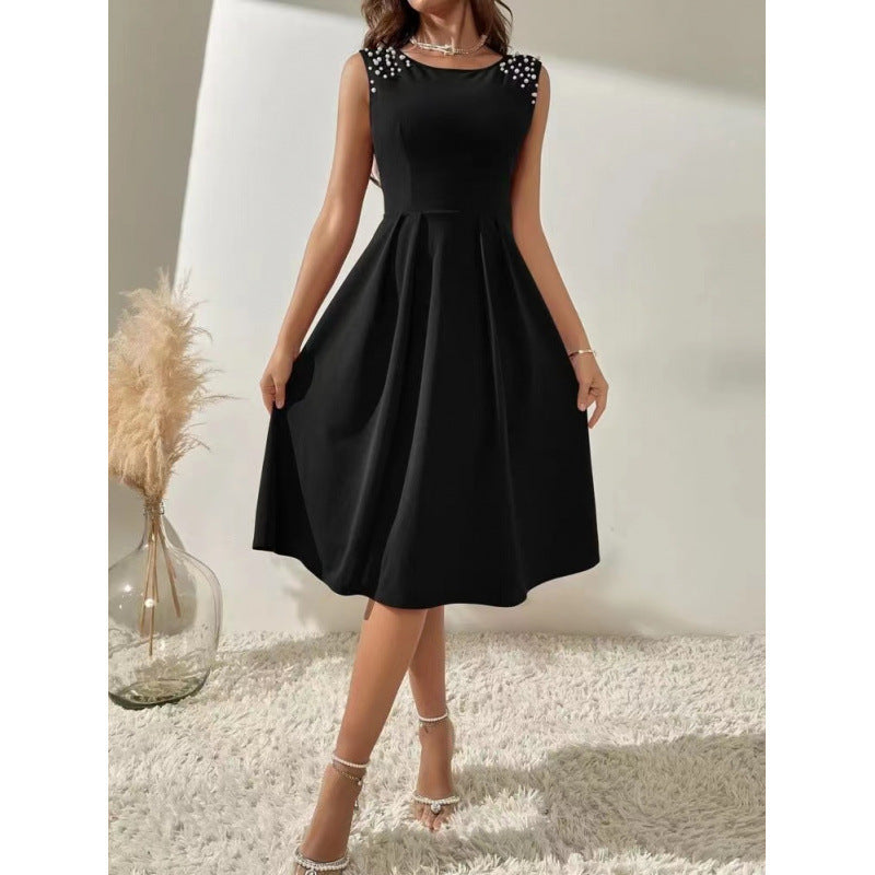 Damen Midi-Kleid mit dekorativen Perlenakzenten und schwingendem Rock