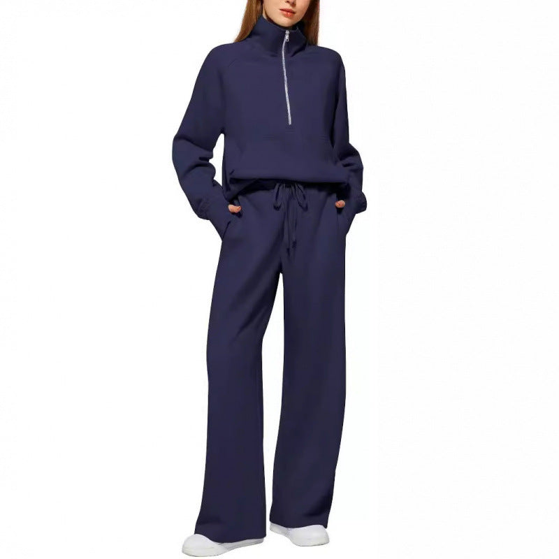 Damen Zweiteiliges Lounge-Set mit Halbreißverschluss, Stehkragen und weiter Palazzohose Shop Nory