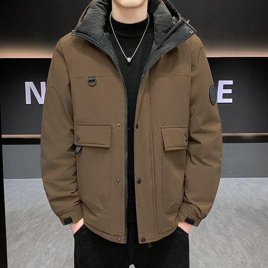 Herren Wattierter Kurzparka mit Kapuze winddicht wasserabweisend und Multifunktionstaschen Shop Nory