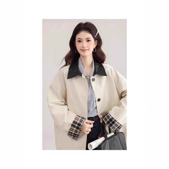 Damen Oversized Trenchcoat mit Kontrastkragen und Karo-Futter Shop Nory