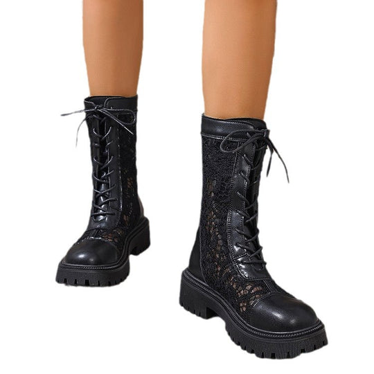 Damen Schnürstiefel mit Spitzeneinsätzen, robuster Profilsohle und Lederoptik Shop Nory