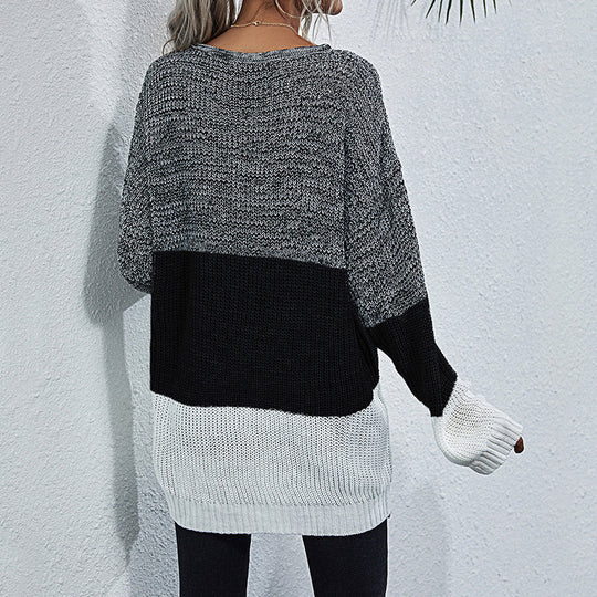 Damen Longline-Grobstrickpullover mit Farbbalken, Rundhalsausschnitt und leicht überschnittener Schulter Shop Nory