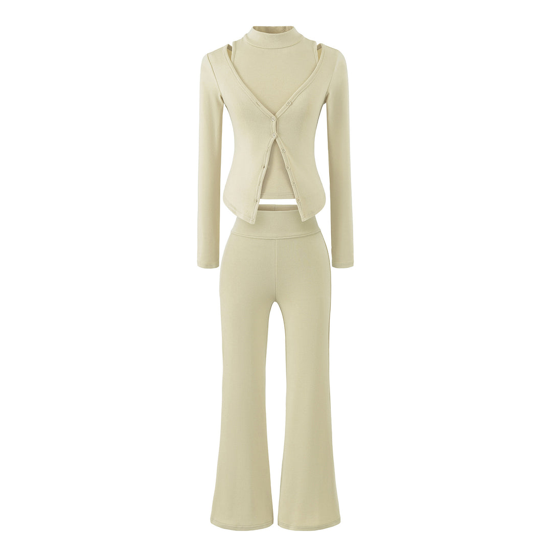 Damen Figurbetontes Layering-Set mit Rollkragen-Longsleeve und asymmetrischer Knopfjacke und ausgestellter High-Waist Hose Shop Nory