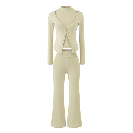 Damen Figurbetontes Layering-Set mit Rollkragen-Longsleeve und asymmetrischer Knopfjacke und ausgestellter High-Waist Hose Shop Nory