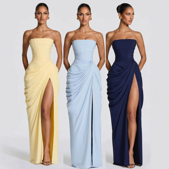 Damen Elegantes Bandeau Abendkleid mit Raffungen und Beinschlitz