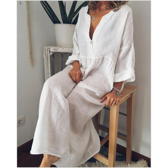 Damen Langes Leinen-Maxikleid mit V-Ausschnitt, geraffter Taille und 3/4-Ärmeln Shop Nory