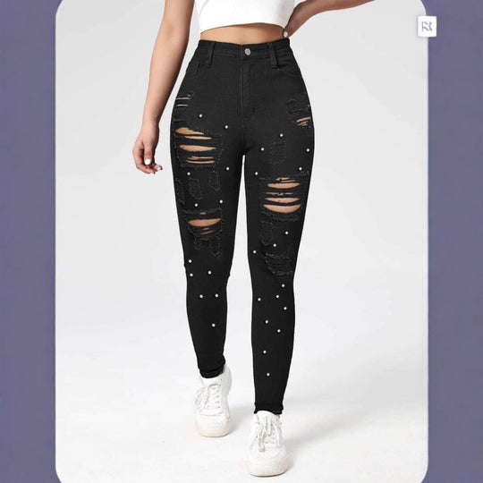 Damen Hochtaillierte zerrissene Skinny-Jeans mit Perlenbesatz und Sculpting-Effekt Shop Nory