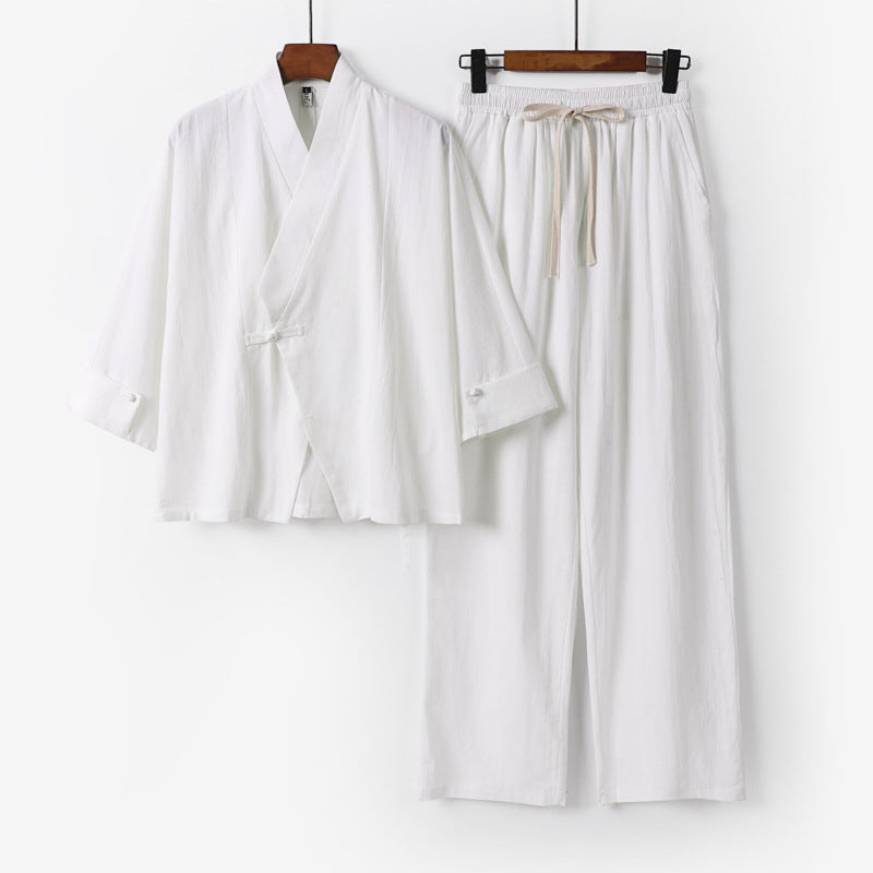 Unisex Leichtes Zen-Lounge-Set im Kimono-Stil mit überschnittener Schulter verdeckter Knotenleiste und elastischer Tunnelzughose Shop Nory